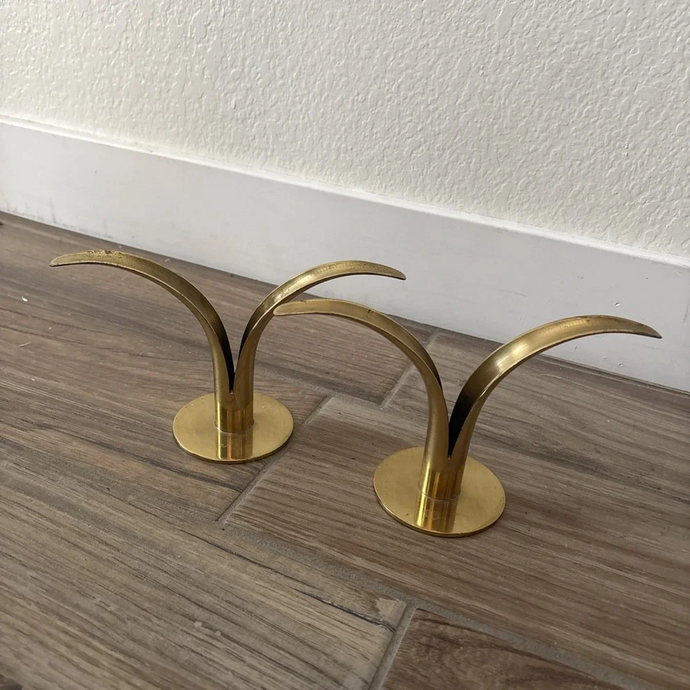 Two Mid-Century Modern Sculpted Brass‎ Swedish Lily Candle Holder by Ivar Bjork
